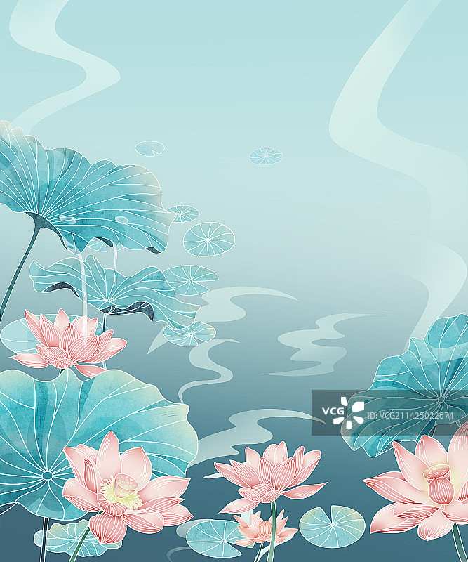 夏天荷花荷塘插画图片素材