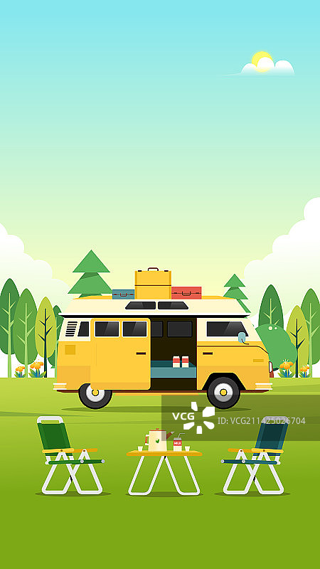 踏青休闲户外周末自驾游露营房车旅行踏青春夏秋冬插画背景图图片素材
