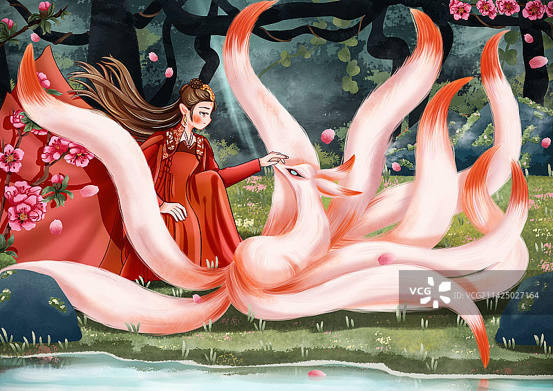 人物与九尾狐场景插画图片素材