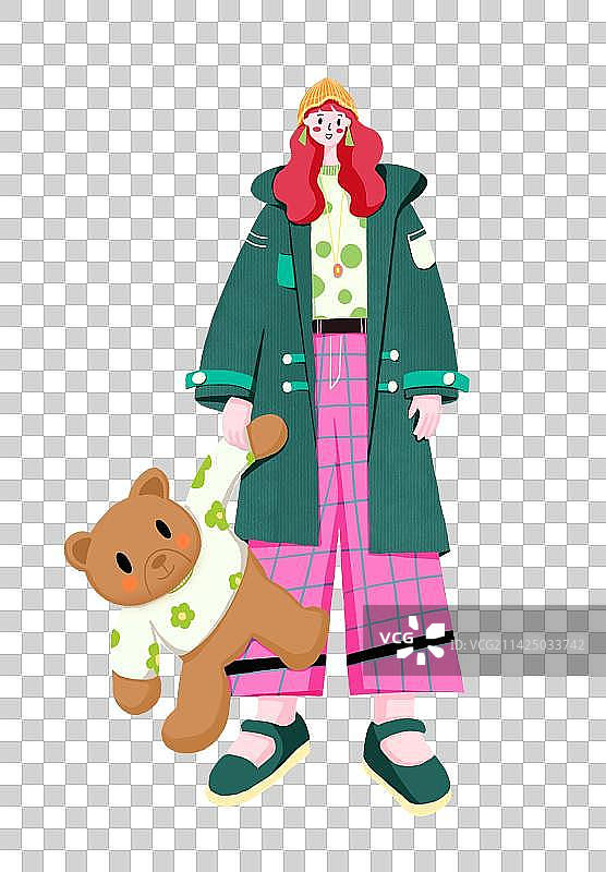 拿着毛绒熊的时尚风衣少女图片素材