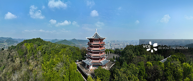四川省南充市西山风景区开汉楼航拍图片素材