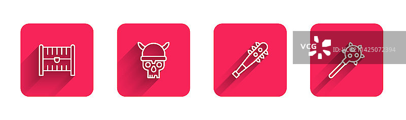 古董宝箱、维京骷髅线条图标图片素材