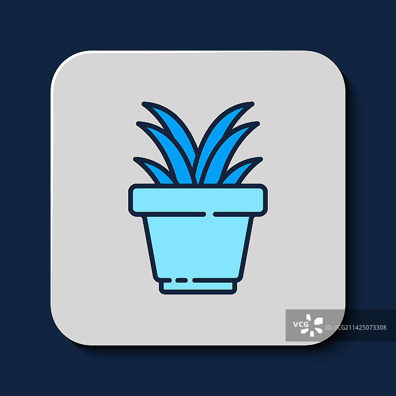 实心描边盆栽植物图标，蓝色背景图片素材