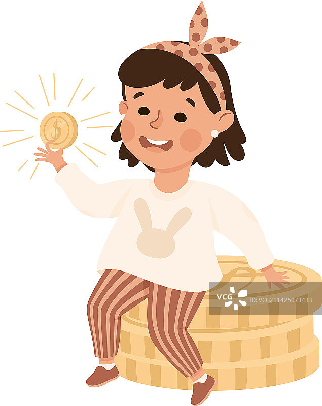 快乐富豪女孩百万富翁坐金币上图片素材