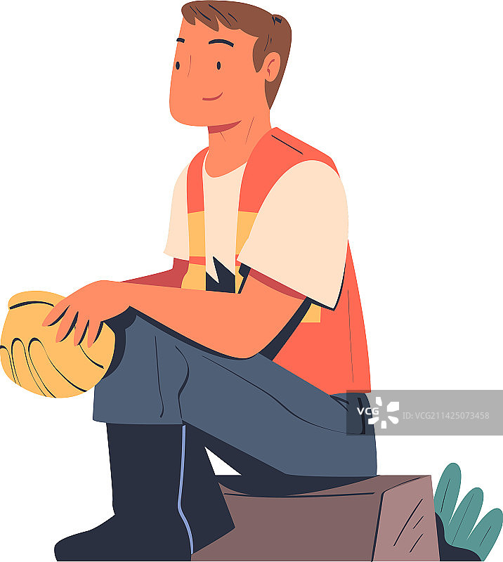 头戴安全帽和橙色背心的道路施工工人坐着图片素材