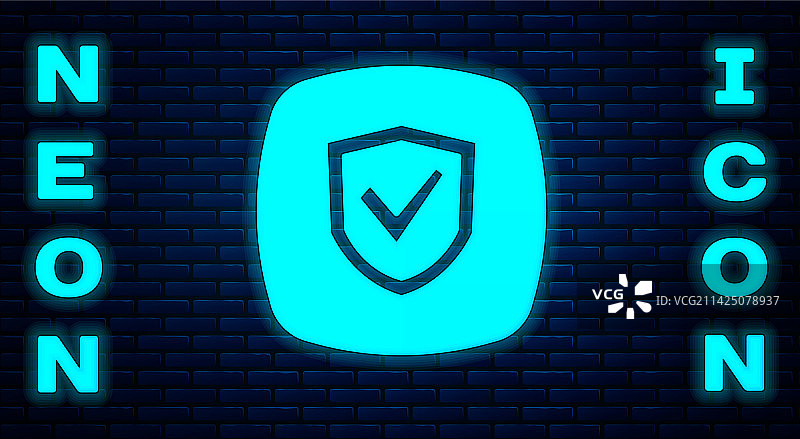 砖墙上的发光霓虹灯盾牌图标图片素材