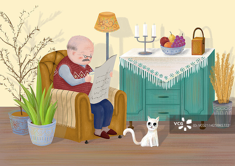 午后时光的读报老爷爷图片素材