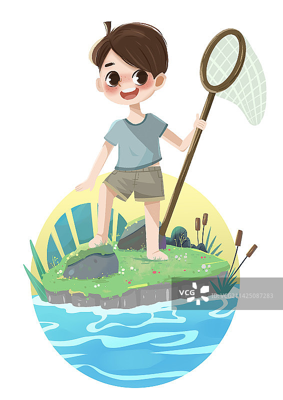 儿童插画在户外捕鱼的小男孩图片素材