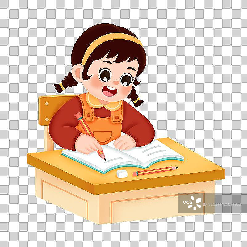 可爱的女孩在书桌上写作业图片素材