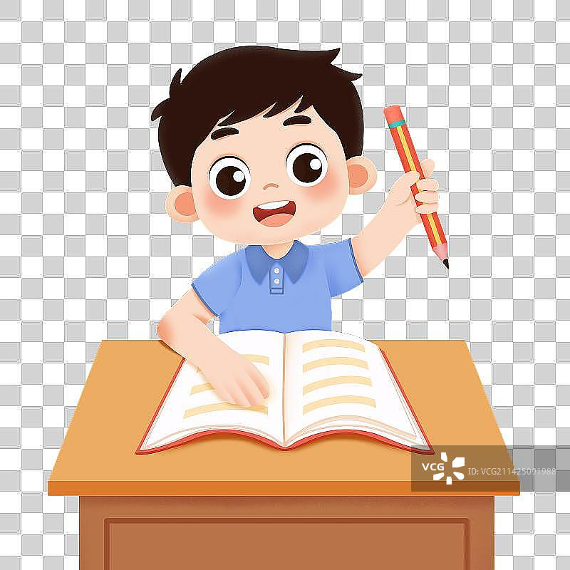 拿着铅笔在书桌上写作业的可爱的男孩图片素材
