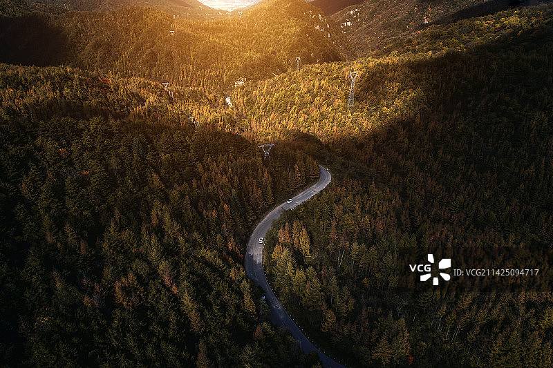 航拍秦岭秋天夕阳下的道路和树林自然风光图片素材