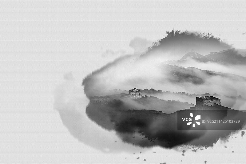 合成水墨画长城图片素材