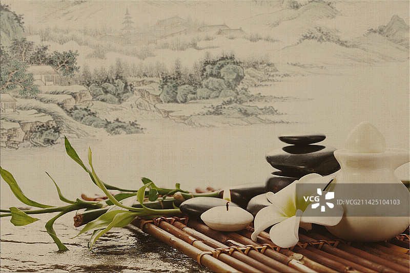 水墨画背景下的SPA用品图片素材