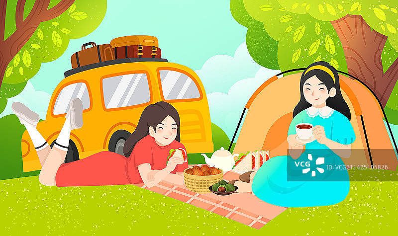 自驾游户外露营野餐插画图片素材