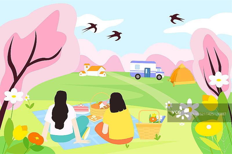 卡通节日节气春天春季春游踏春踏青清明谷雨清明节立春惊蛰春分植树节小雨扁平矢量插画图片素材