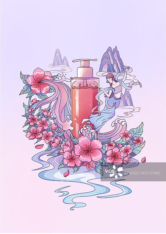 新中式古风粉紫色花香产品插画图片素材