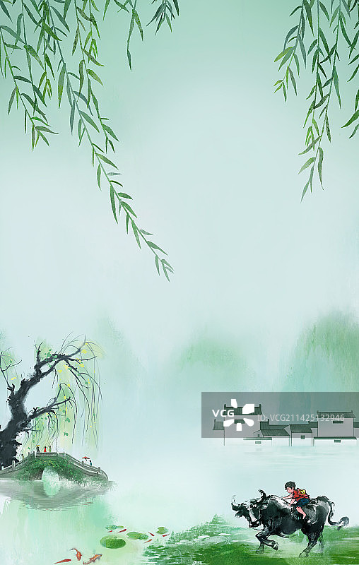 二十四节气春风十里山水画清明节牧童放牛娃图片素材