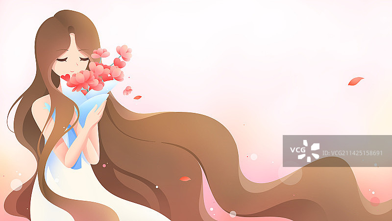 粉色唯美卡通捧花的美丽女性节日插画图片素材