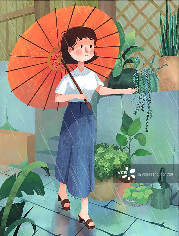 小镇细雨中漫步图片素材