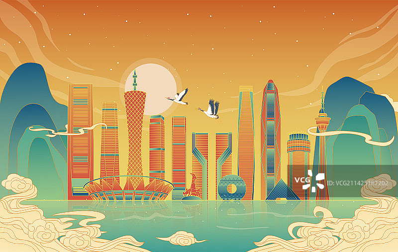 粤港澳大湾区国潮风城市建筑图片素材