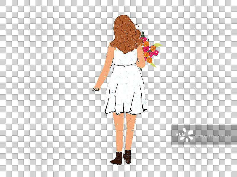 白色情人节一个穿着白色裙子女生捧着一束鲜花快乐走路的背影插画元素图片素材