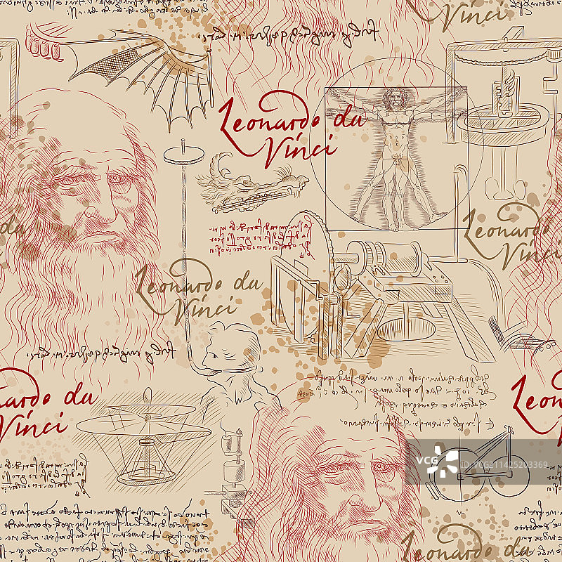 带有列奥纳多·达·芬奇图案的米色无缝背景图片素材