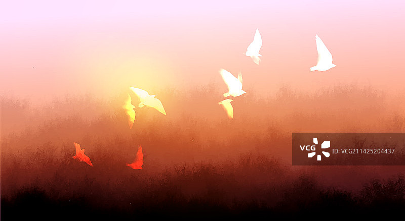 金色背景上的白色飞鸟水墨画图片素材