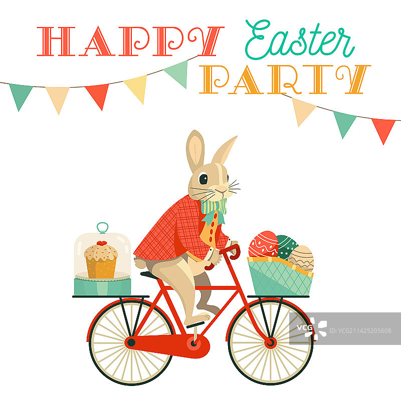 搞笑兔子运送鸡蛋和蛋糕去复活节派对图片素材