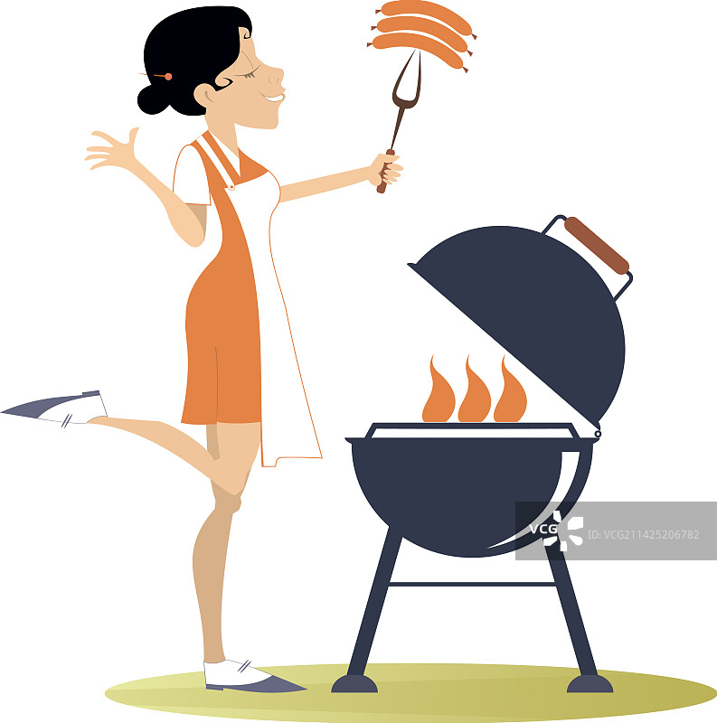 微笑的女人在火上准备食物图片素材