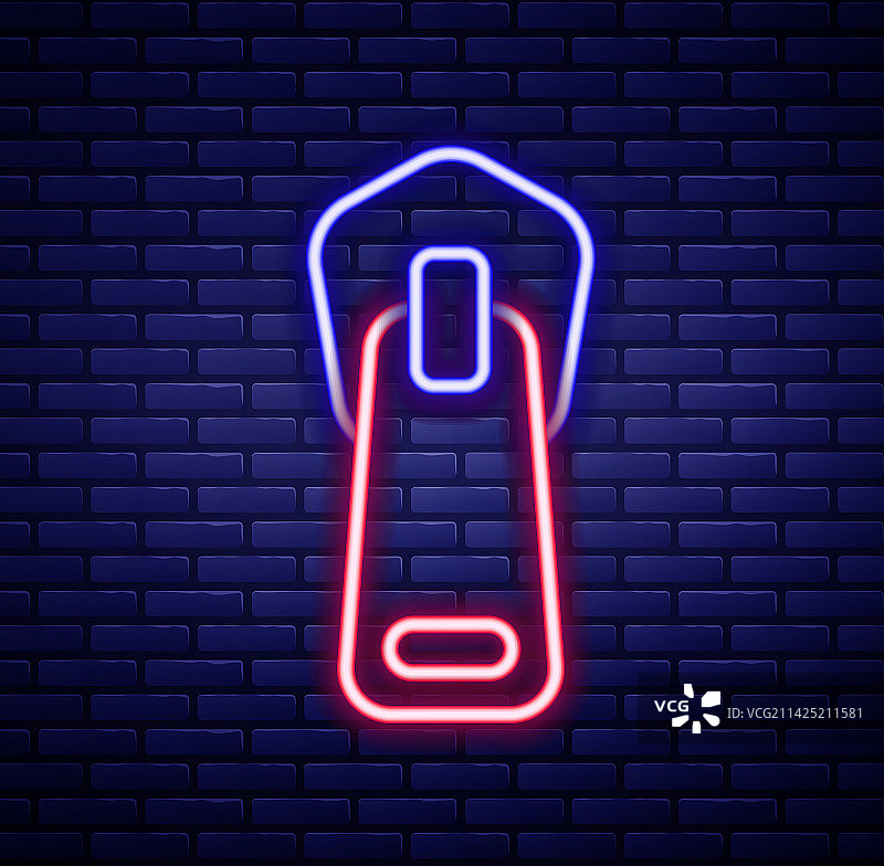 发光的霓虹拉链线条图标，砖墙背景图片素材