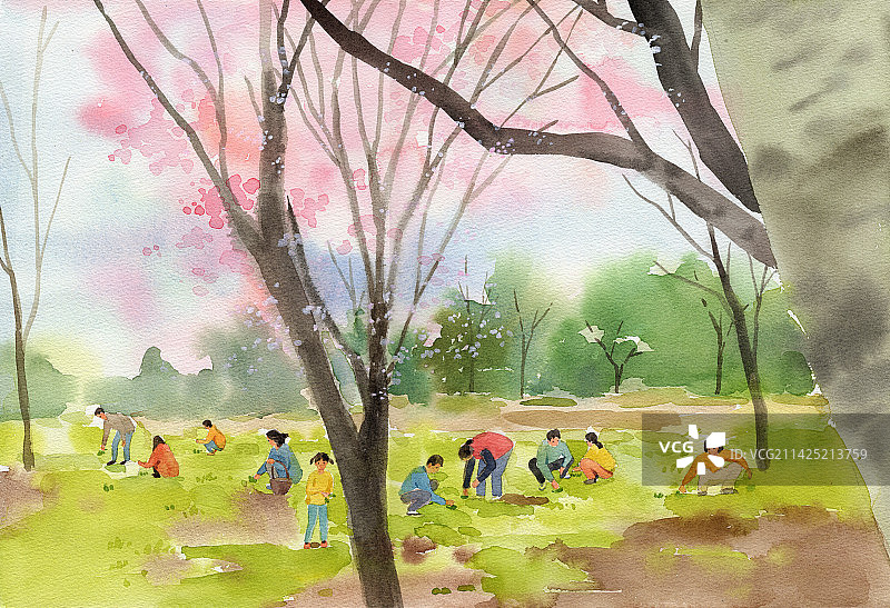 水彩手绘插画田野挖野菜春天户外郊游人群水彩绘画图片素材
