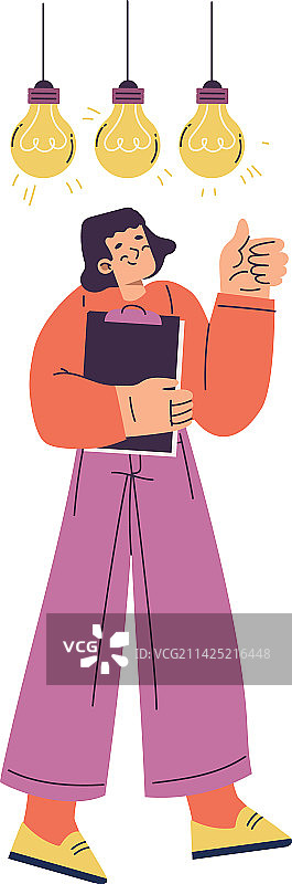 女性与发光黄色灯泡想法图片素材