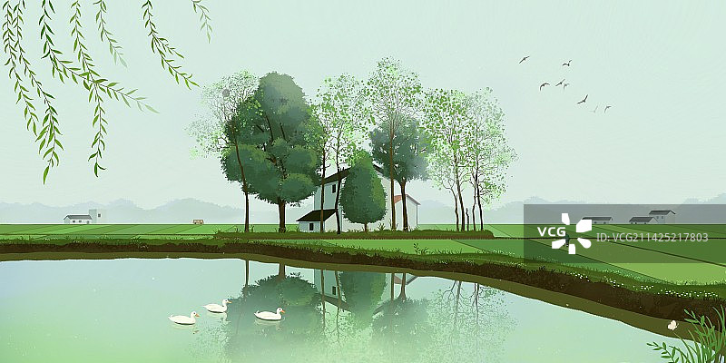 新农村农田春耕清新治愈插画图片素材