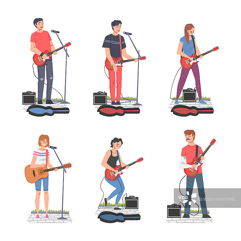 年轻男人和女人音乐家吉他手角色图片素材