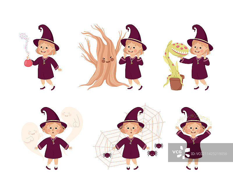 穿着紫色连衣裙和尖帽的小女巫图片素材