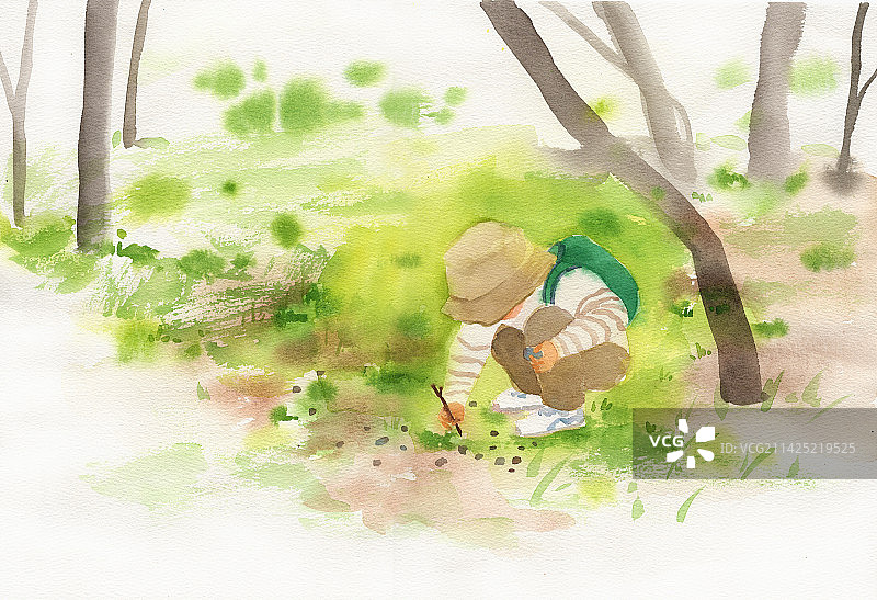 手绘春天儿童玩耍草地男童蹲着玩石头插画插图图片素材