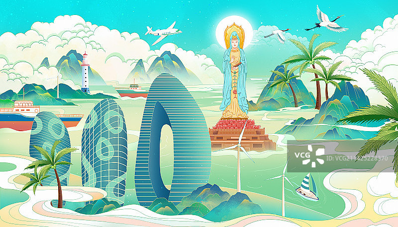 海南三亚 凤凰岛游轮 城市天际线建筑地标插画 自贸港三亚情人湾灯塔 观音像旅游插画图片素材