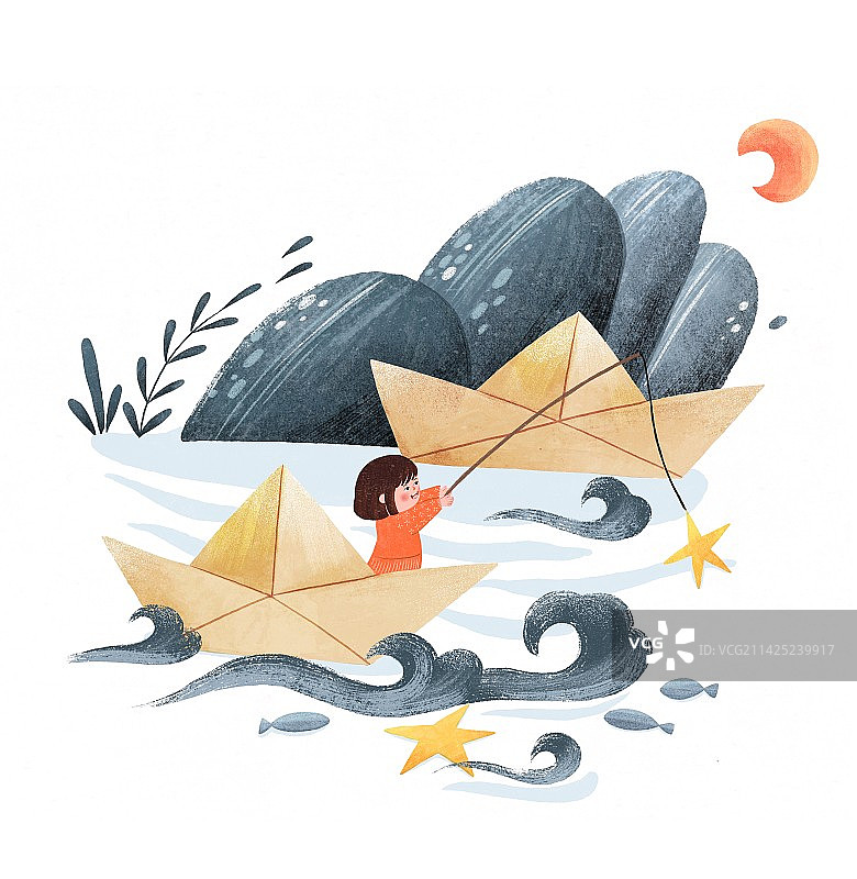乘着纸船在山水间钓星星的孩子图片素材