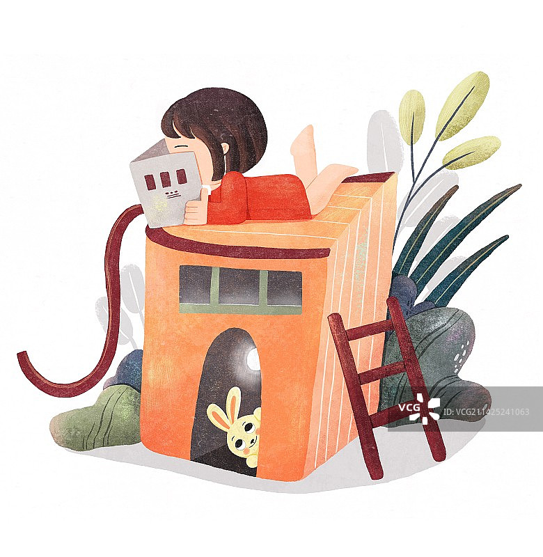 趴在书本上看书的女孩图片素材