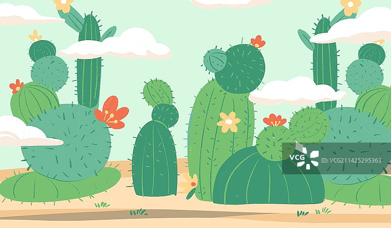 仙人掌云朵清新手绘插画图片素材