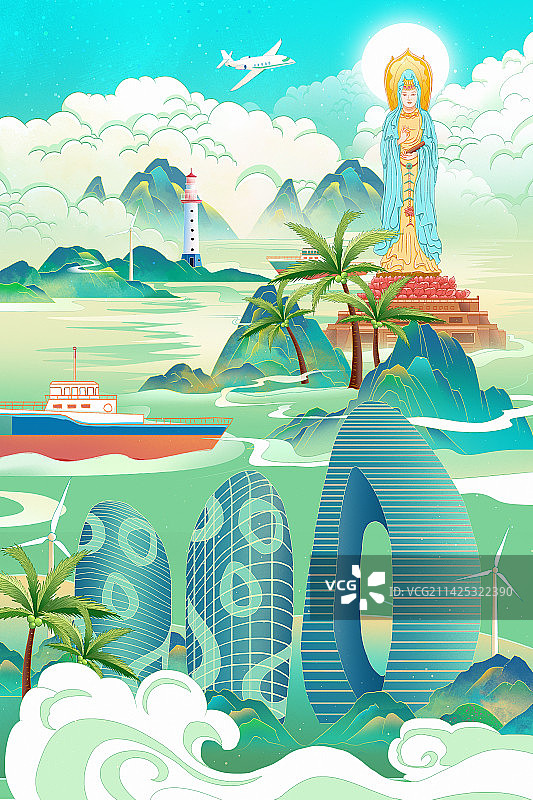 海南三亚 凤凰岛游轮 城市天际线建筑地标插画 自贸港三亚情人湾灯塔 观音像旅游插画图片素材