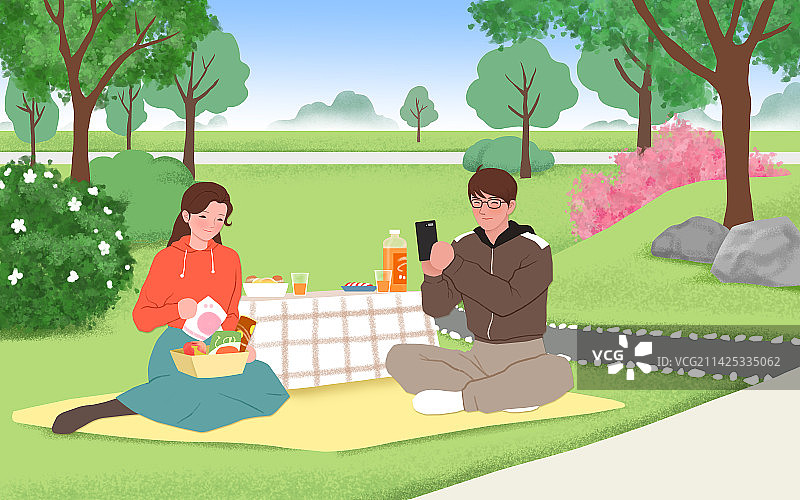 情侣野餐郊游插画图片素材