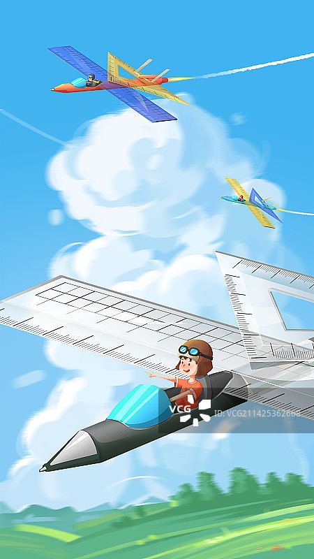 尺子卡在笔端组成的飞机在儿童眼中就是一副刺激紧张的空战啊图片素材