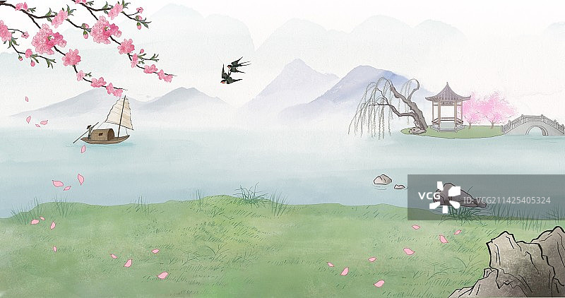 中国古诗春游湖插画图片素材