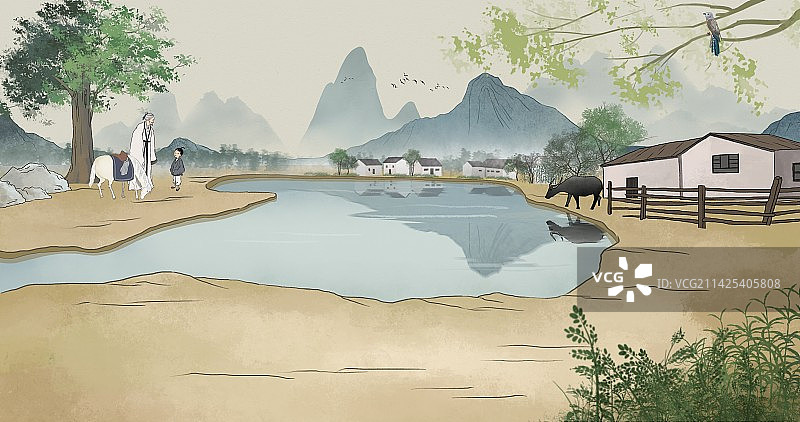 中国古诗回乡偶书插画图片素材