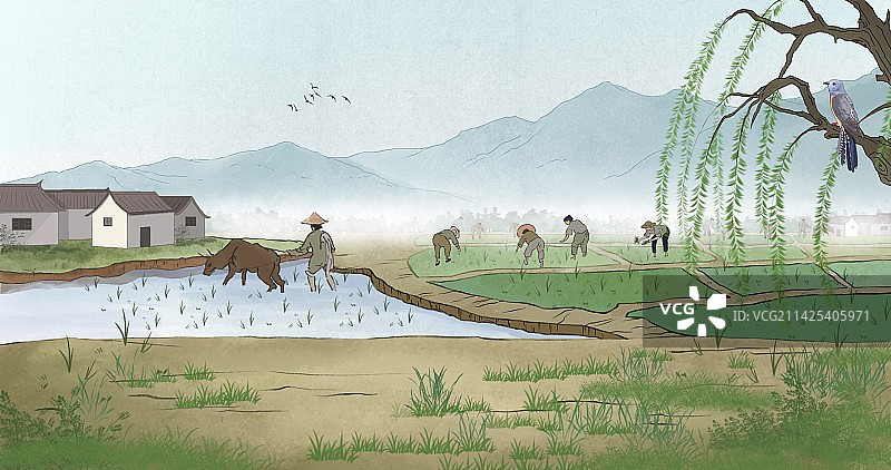 中国古诗乡村四月插画图片素材