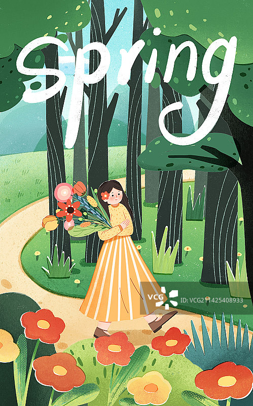 可爱的女孩春游踏青插画图片素材