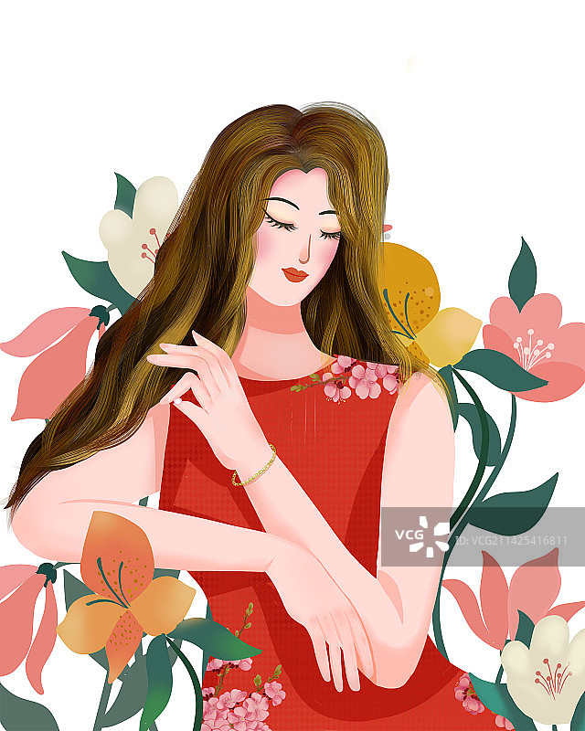 一个戴着皇冠穿着红裙子长发披肩的性感图片素材