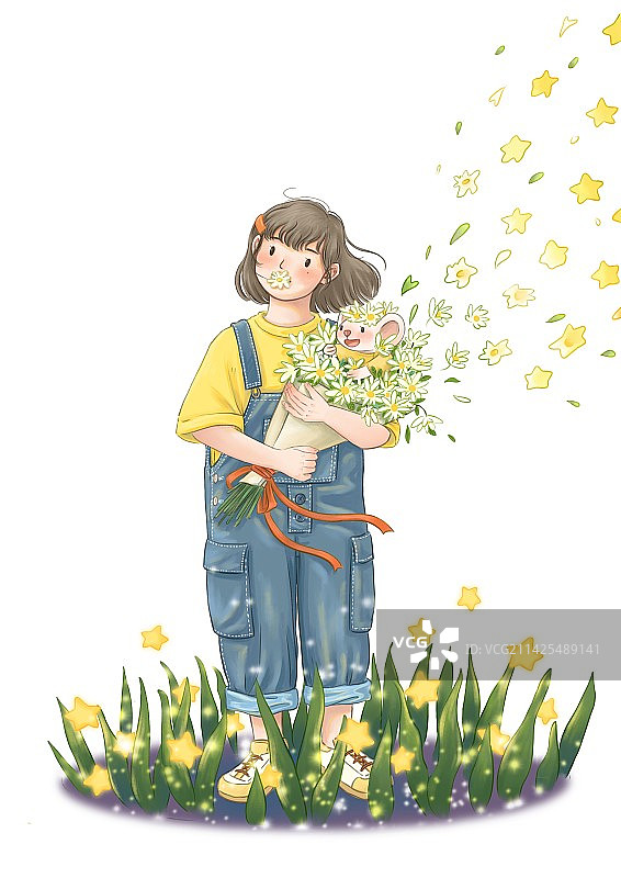 初夏有微风吹过，穿着背带裤的短发女孩站在长满星星的草地上，手里的花在风中幻化成星星。图片素材