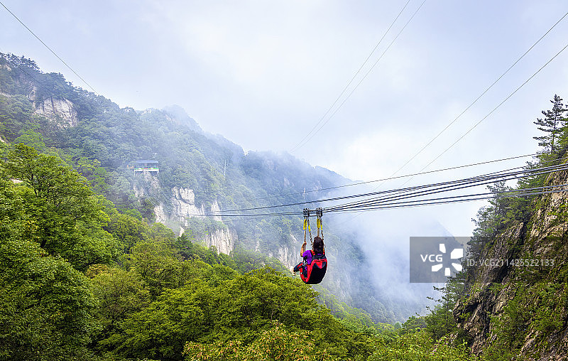 河南省洛阳市栾川县老君山十里画廊：高空滑索图片素材